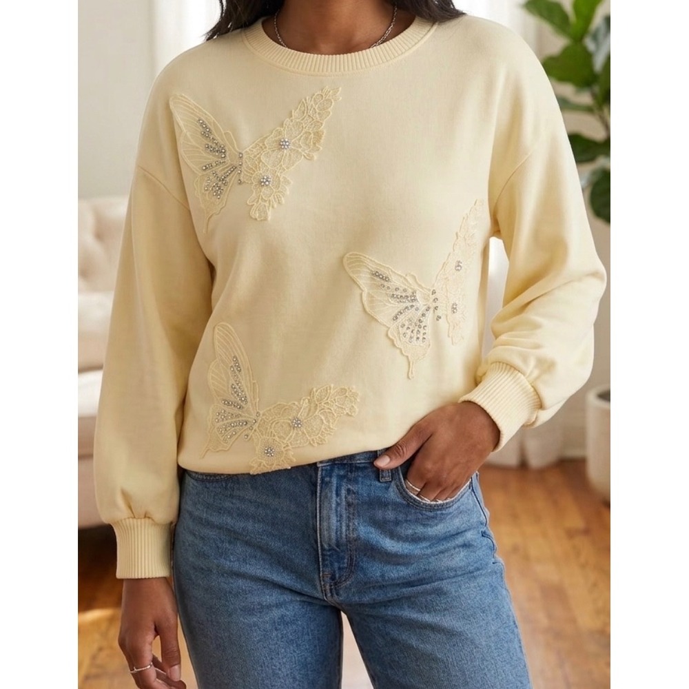 mesh+love Yellow Butterfly Sweatshirt M Pearl Rhinestone Embellished Coquette